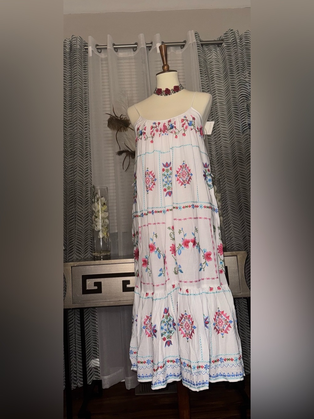 Hale Bob White Maxi Dress with Pink & Blue Embroidery - Picture 3 of 13
